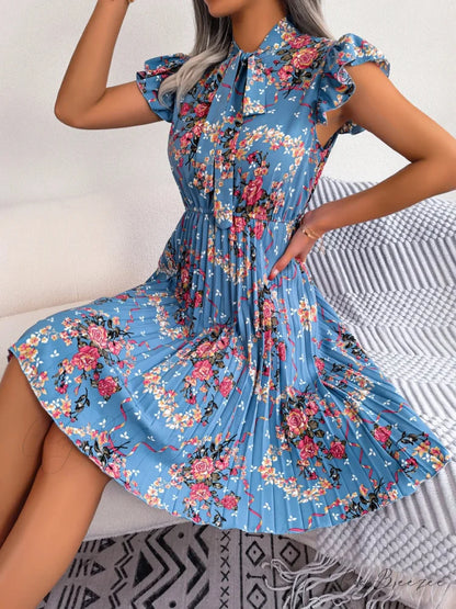 Elegant Floral Print Bow Pleated Slim Waist Dress oldfloraldress-250126