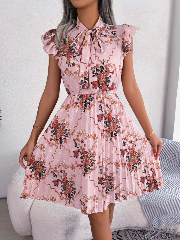 Elegant Floral Print Bow Pleated Slim Waist Dress oldfloraldress-250126