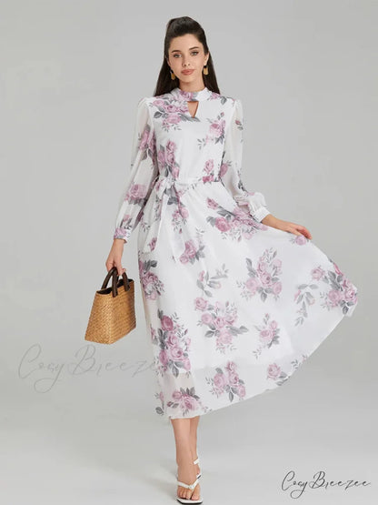 Elegant Floral Print Chiffon Lantern Sleeve Dress floraldress-250126