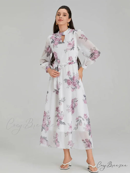 Elegant Floral Print Chiffon Lantern Sleeve Dress floraldress-250126