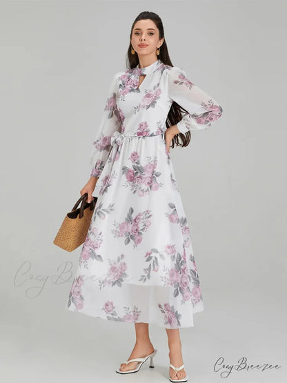 Elegant Floral Print Chiffon Lantern Sleeve Dress WHITE / S floraldress-250126