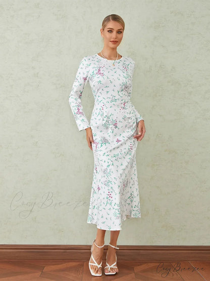 Elegant Floral Print Fishtail O-neck Wrap Midi Dress floraldress-250126