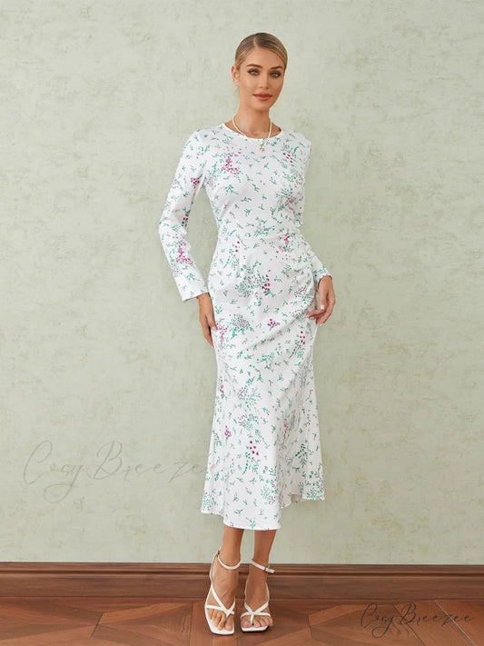 Elegant Floral Print Fishtail O-neck Wrap Midi Dress floraldress-250126