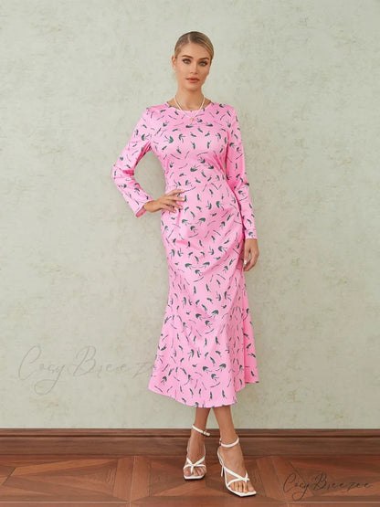 Elegant Floral Print Fishtail O-neck Wrap Midi Dress floraldress-250126