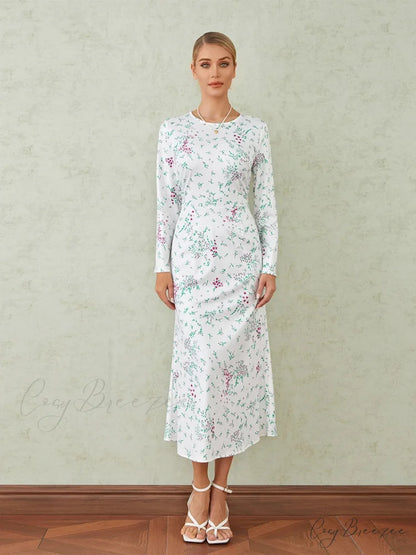 Elegant Floral Print Fishtail O-neck Wrap Midi Dress floraldress-250126