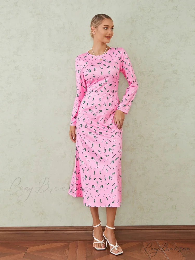 Elegant Floral Print Fishtail O-neck Wrap Midi Dress Pink / S floraldress-250126