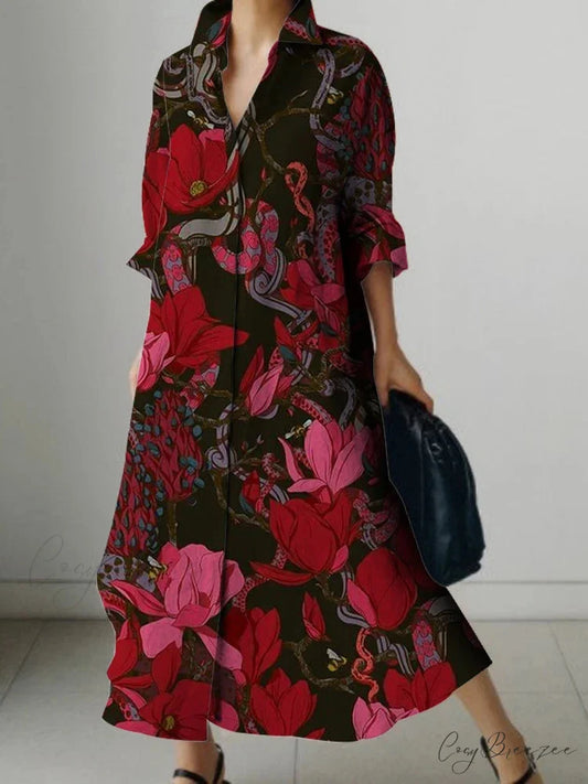 Elegant Floral Print Long Sleeve Knee Dress cloro1 / S oldfloraldress-250126