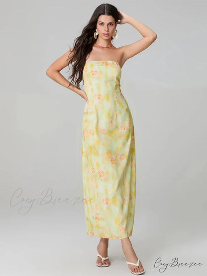 Elegant Floral Print Tube Backless Off-Shoulder Evening Gown Party Dress floraldress-250126