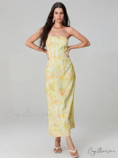 Elegant Floral Print Tube Backless Off-Shoulder Evening Gown Party Dress floraldress-250126