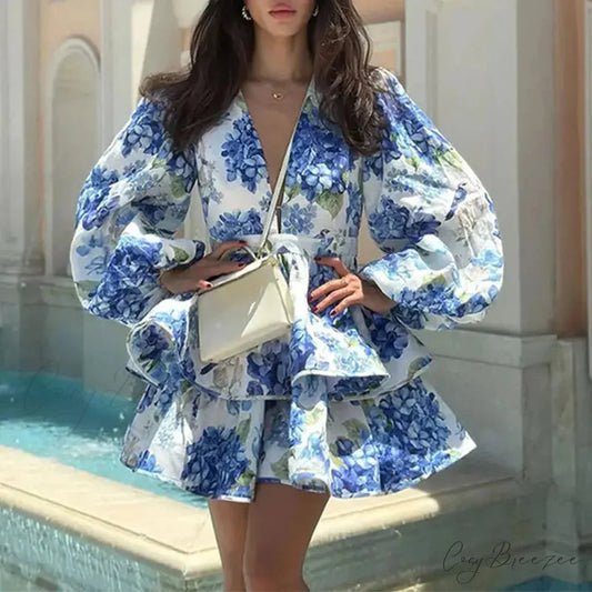 Elegant Floral Ruffle Layered Mini Evening Dress Blue printing / S floraldress-250126