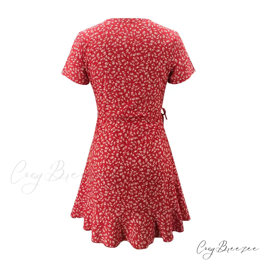 Elegant Floral Ruffles V-neck Bandage Chic Flowers Mini Dress