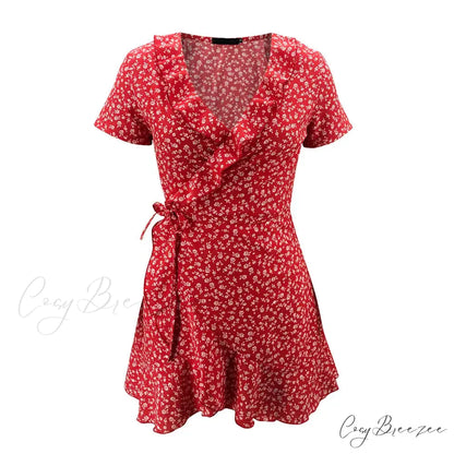 Elegant Floral Ruffles V-neck Bandage Chic Flowers Mini Dress