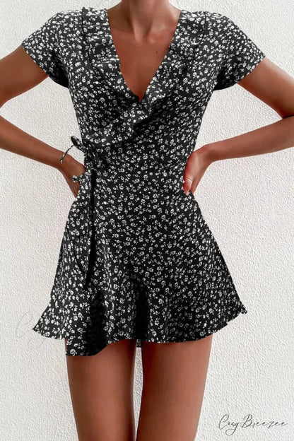 Elegant Floral Ruffles V-neck Bandage Chic Flowers Mini Dress Black / S