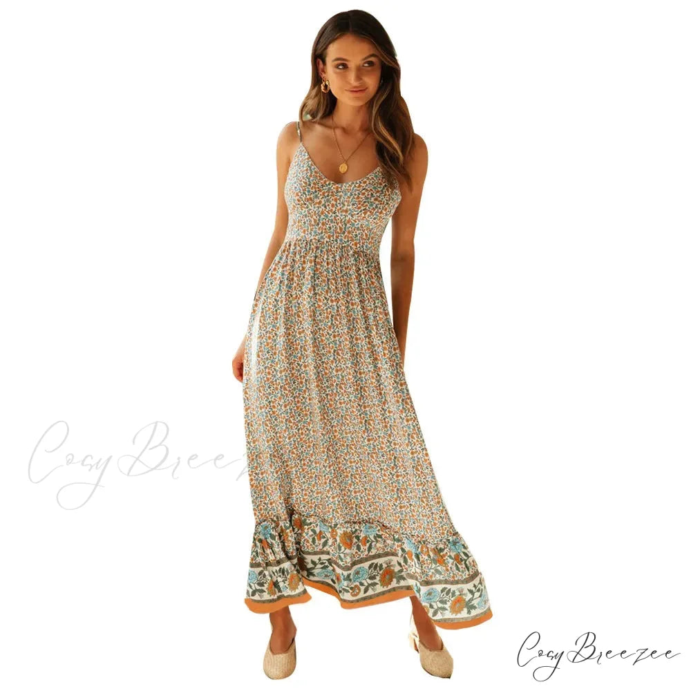 Elegant Floral V-Neck Sleeveless Boho Dress Beige / S