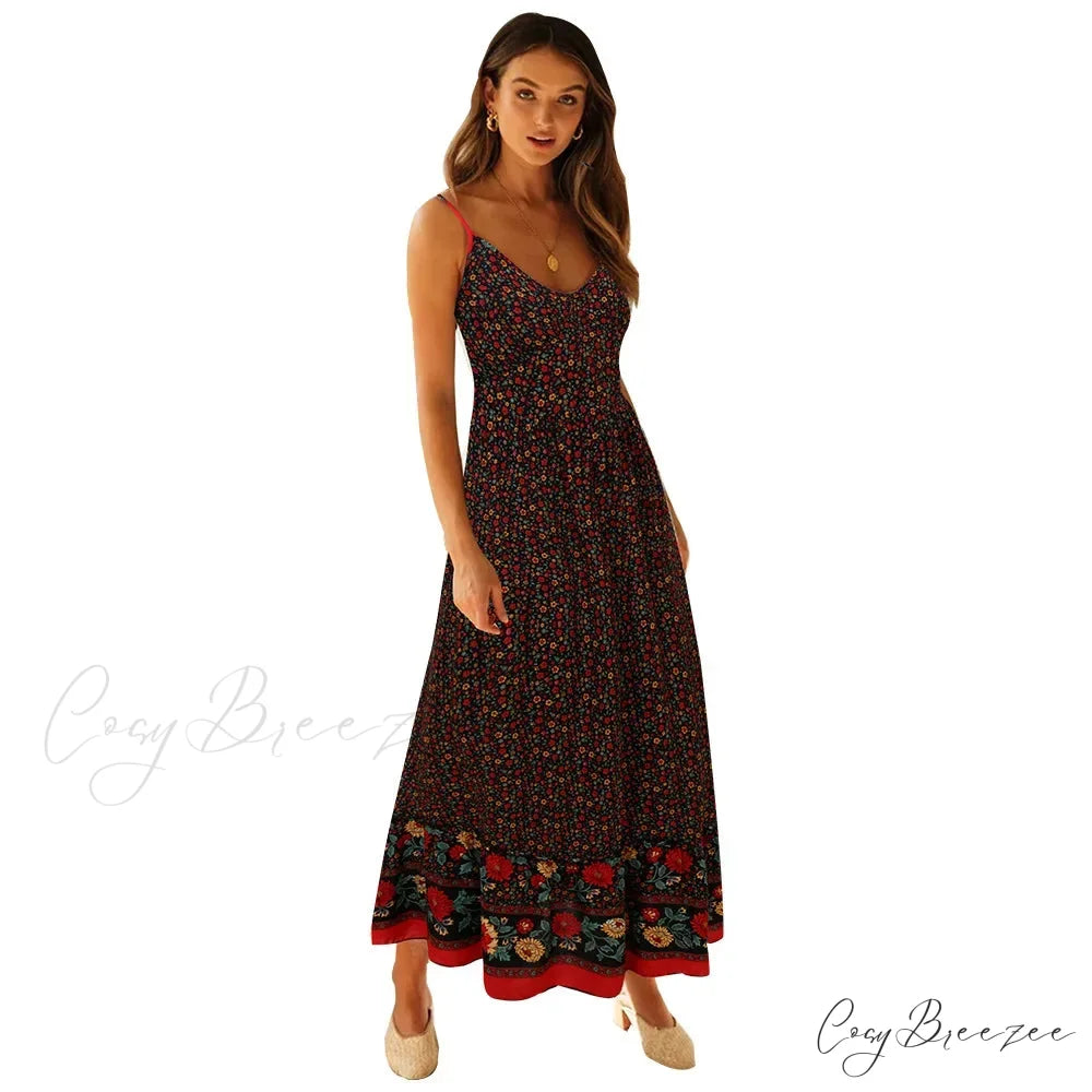 Elegant Floral V-Neck Sleeveless Boho Dress Black / S