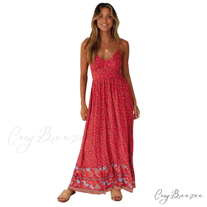 Elegant Floral V-Neck Sleeveless Boho Dress Red / S