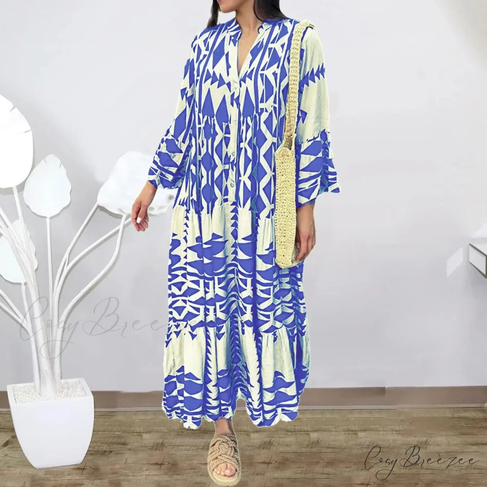 Elegant Geometric V-Neck Autumn Boho Dress Light Blue / S