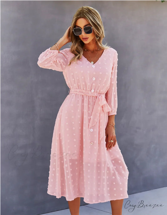 Elegant Half Sleeve Women’s Casual V-neck Midi Dress with Buttons S / PINK