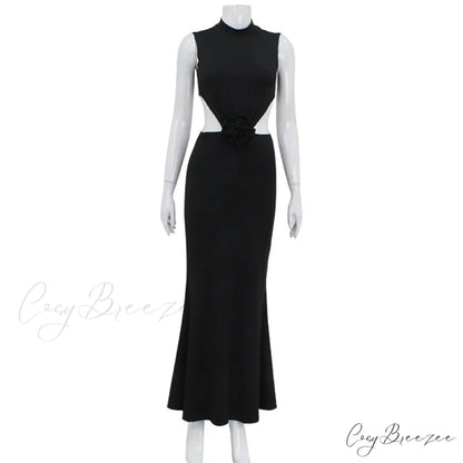 Elegant Hollow Back Sexy Solid Color Turtle Neck Sleeveless Dress Christmas Party Dress Black / S