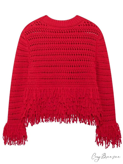 Elegant Hollow Out Sexy Long Sleeve O-Neck Red Christmas Sweater