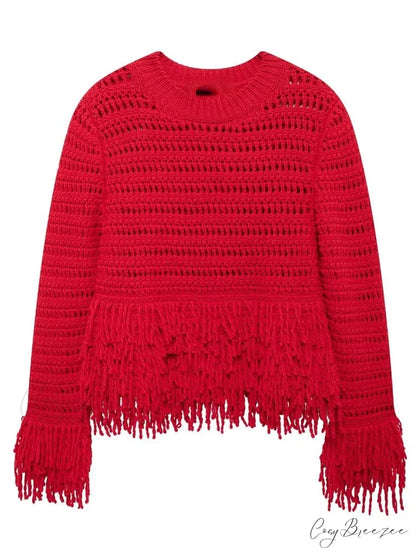 Elegant Hollow Out Sexy Long Sleeve O-Neck Red Christmas Sweater Red / S