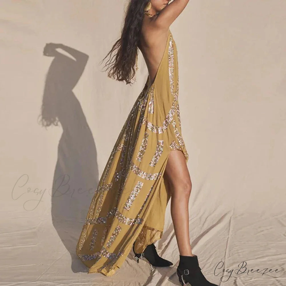 Elegant Lace Halter Backless Boho Dress