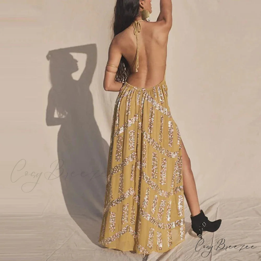 Elegant Lace Halter Backless Boho Dress