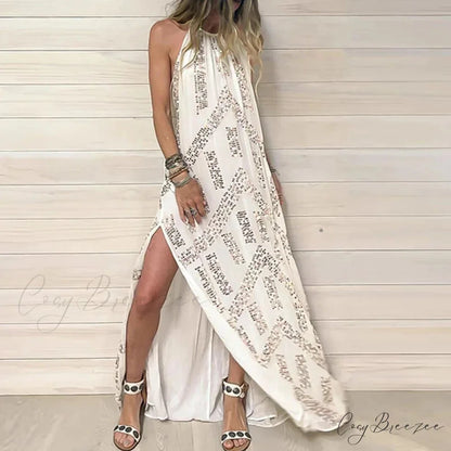 Elegant Lace Halter Backless Boho Dress WHITE / XS