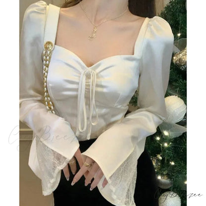 Elegant Lace Patchwork Flare Sleeve Sexy Slim Crop Top WHITE / S blouse-250126