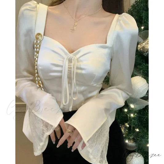 Elegant Lace Patchwork Flare Sleeve Sexy Slim Crop Top WHITE / S blouse-250126