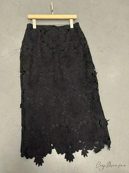 Elegant Lace Pencil Skirt for Women Work Cocktail Party Black / M skirt-250126
