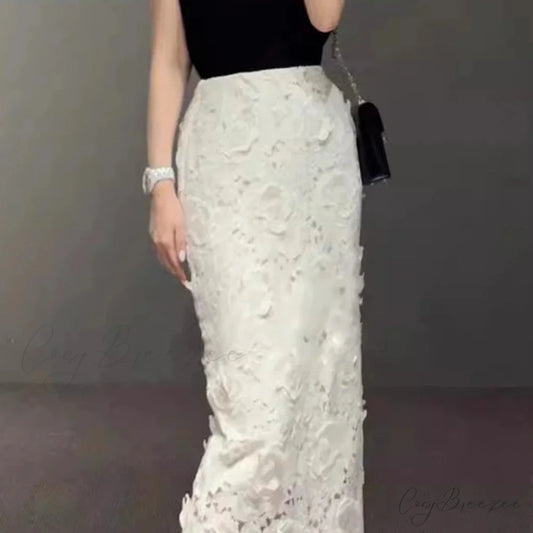 Elegant Lace Pencil Skirt for Women Work Cocktail Party White / M skirt-250126