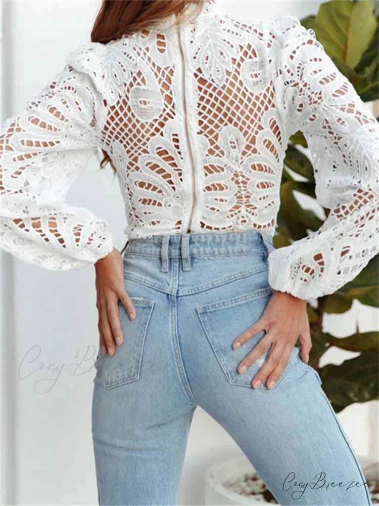 Elegant Lace Puff Sleeve Slim Fit Crop Top blouse-250126