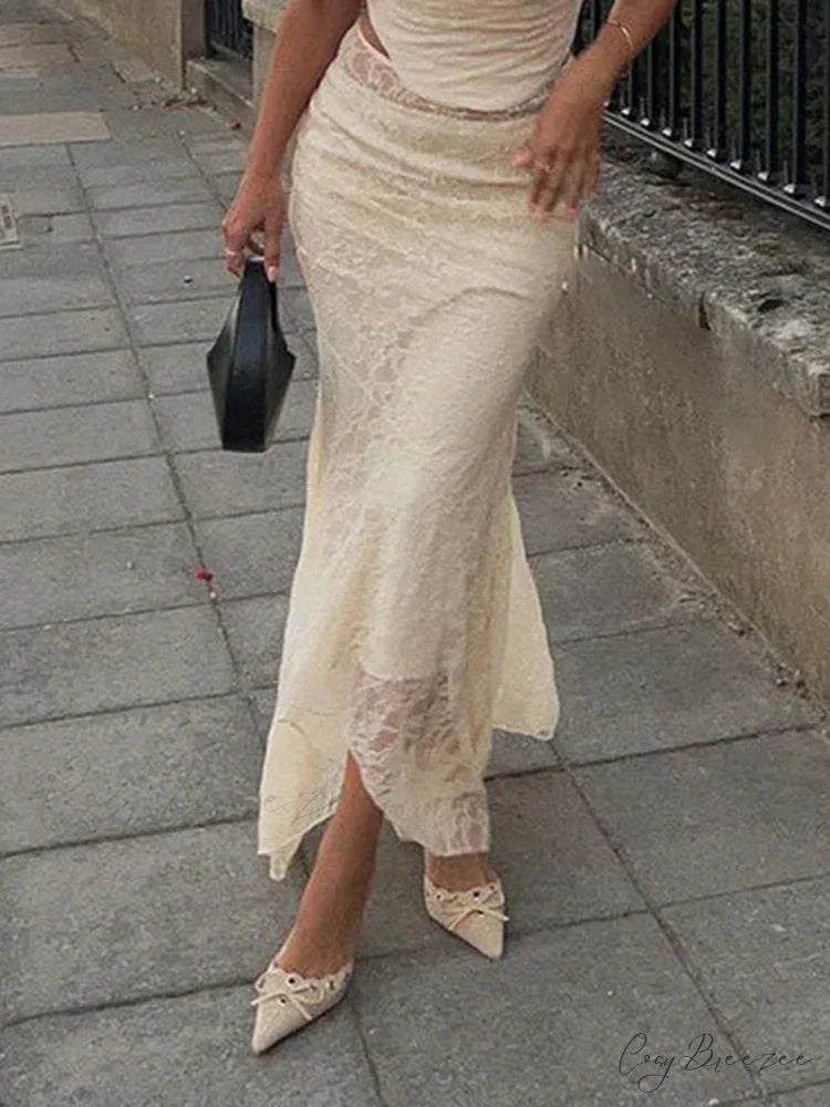 Elegant Lace Trumpet Skirt Holiday Sheer Maxi Skirt skirt-250126