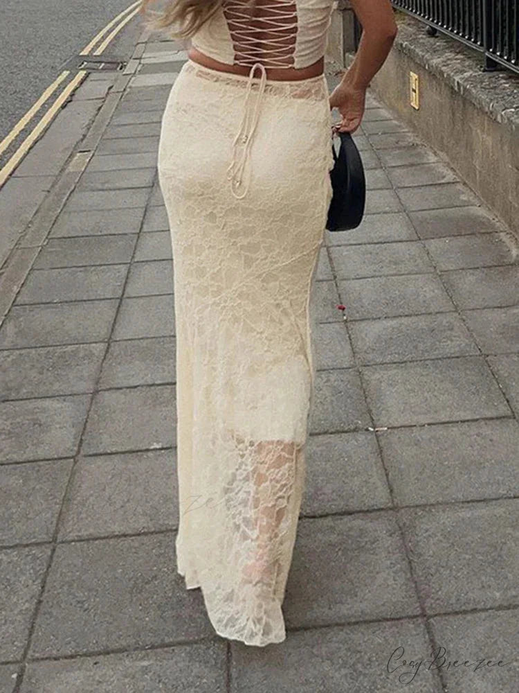 Elegant Lace Trumpet Skirt Holiday Sheer Maxi Skirt skirt-250126