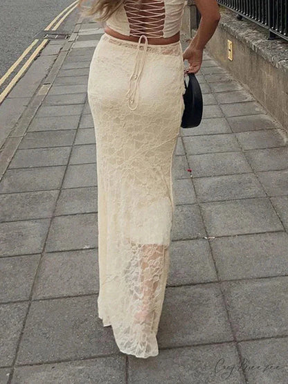 Elegant Lace Trumpet Skirt Holiday Sheer Maxi Skirt skirt-250126