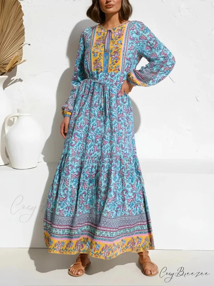 Elegant Lace-up Floral Print Boho Dress Blue / S bohodress-250126
