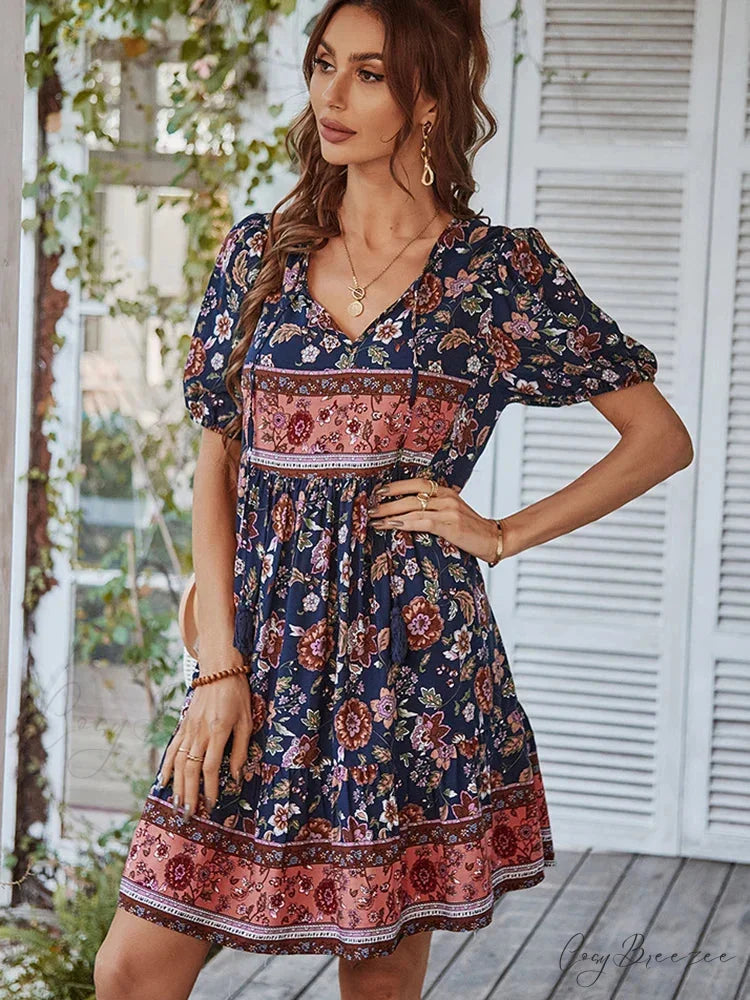 Elegant Lace-up Green Sundress Women Boho Dress