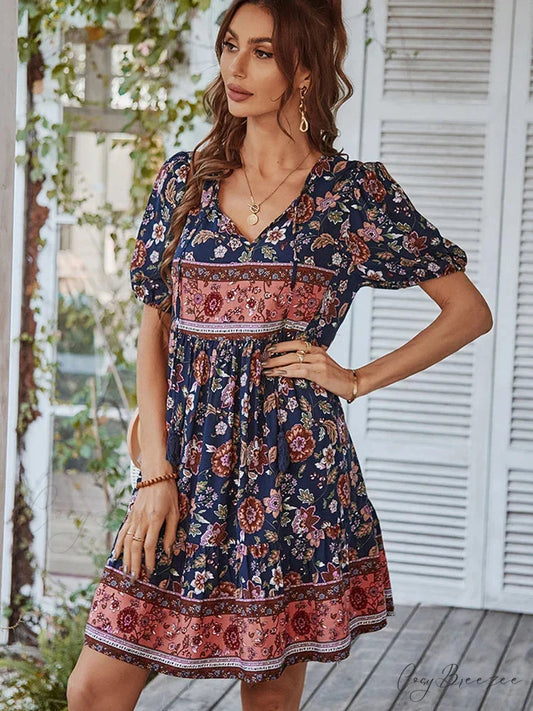 Elegant Lace-up Green Sundress Women Boho Dress