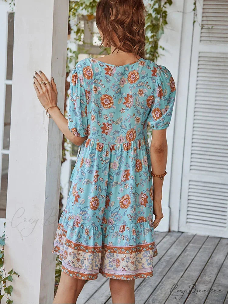 Elegant Lace-up Green Sundress Women Boho Dress