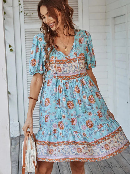 Elegant Lace-up Green Sundress Women Boho Dress Blue / S