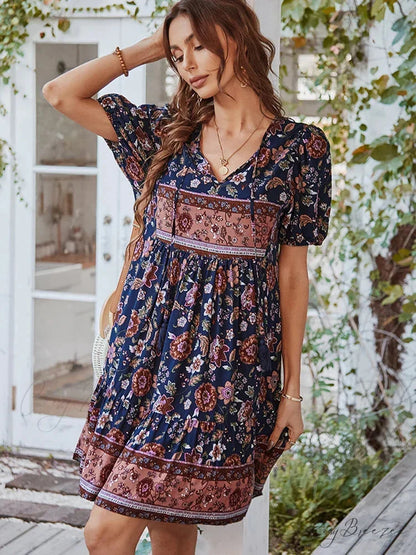 Elegant Lace-up Green Sundress Women Boho Dress Navy Blue / S