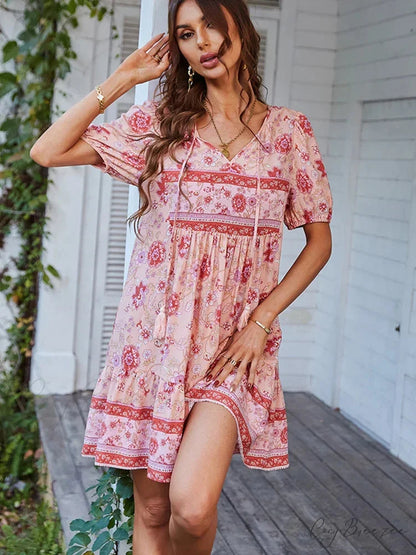 Elegant Lace-up Green Sundress Women Boho Dress Pink / S