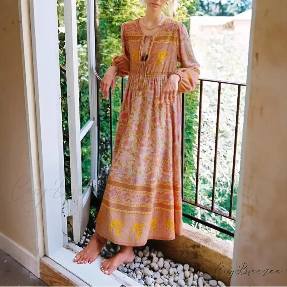 Elegant Lace-up Tassel Floral Print Rayon Bohemian Maxi Dress orange / S bohodress-250126