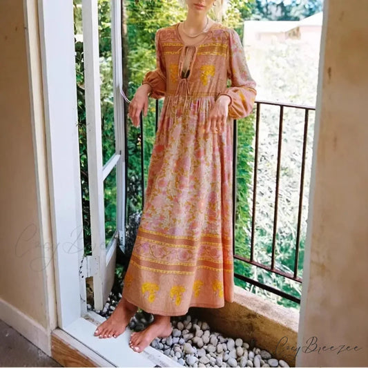 Elegant Lace-up Tassel Floral Print Rayon Bohemian Maxi Dress orange / S bohodress-250126