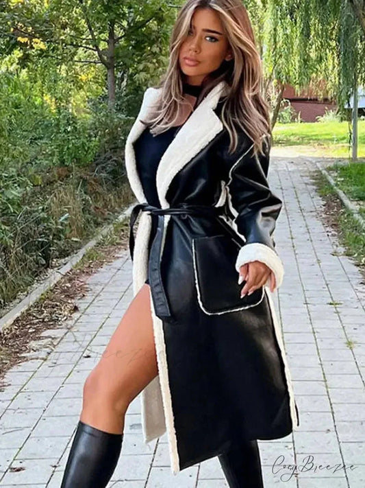 Elegant Lamb Wool PU Leather Belted Coat overcoats-241228