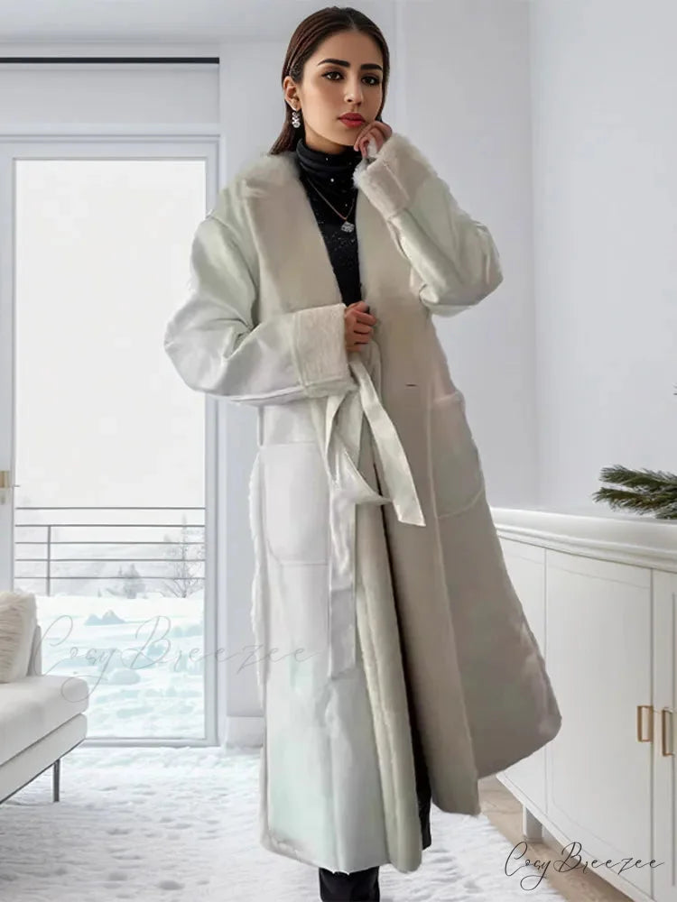 Elegant Lamb Wool PU Leather Belted Coat White / S overcoats-241228