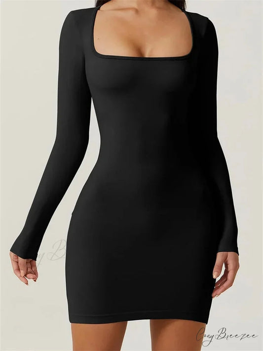 Elegant Long Sleeve Pencil Square Neck Low Mini Dress BLACK / S