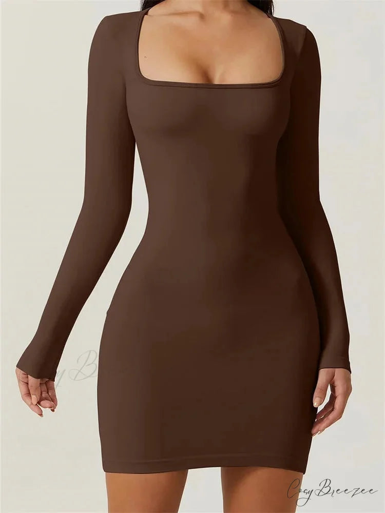 Elegant Long Sleeve Pencil Square Neck Low Mini Dress BROWN / S