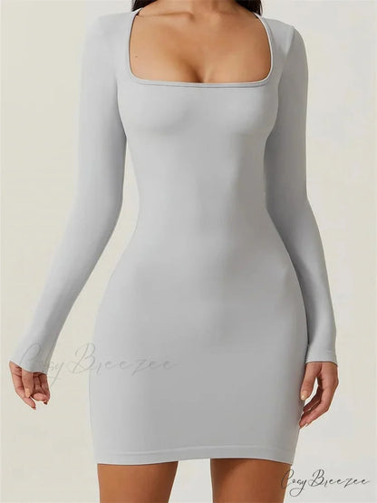 Elegant Long Sleeve Pencil Square Neck Low Mini Dress GREY / S